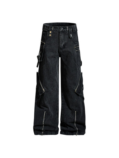 Zipper Strap Rivet Wide Leg Cargo Denim Jeans WN24169