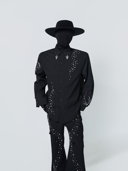 Rhinestone Metal Collar Detail Long Sleeve Shirt WN24311
