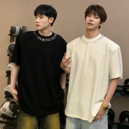 Metal Neckline Decoration Shoulder-pad Structured Short Sleeve T-Shirt WN25267