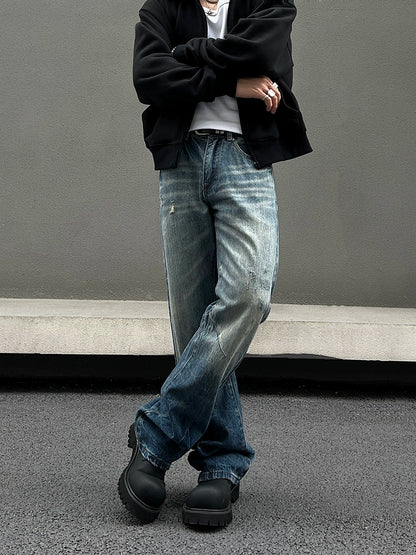 Washed Lightning Pattern Flare Denim Jeans WN19534