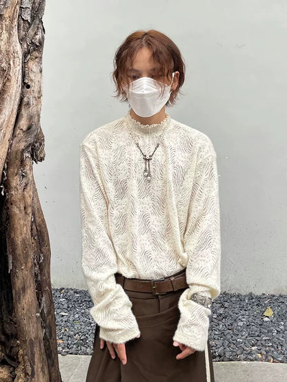 Brushed Lace Hollow High-Neck Long Sleeve T-Shirt WN20012