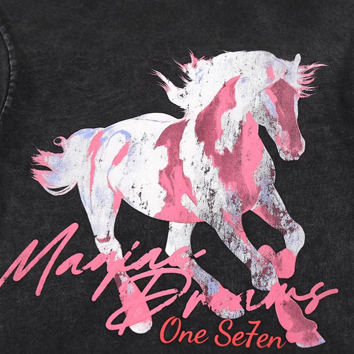 Washed Graphic Horse Print Short Sleeve T-Shirt WN25502