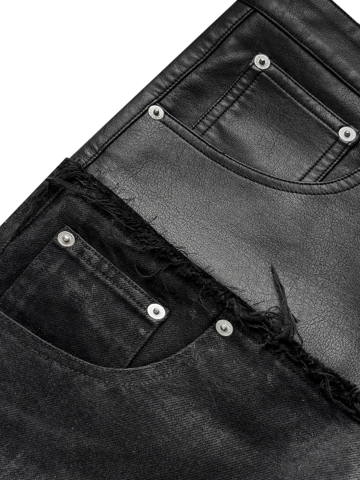 Double Waist PU Leather Patchwork Damage Denim Jeans WN27081