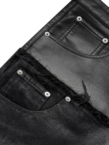 Double Waist PU Leather Patchwork Damage Denim Jeans WN27081