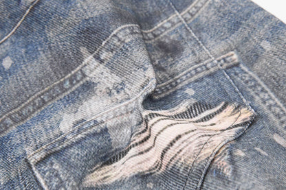 Star Print Fake Layered Curved Wide Leg Denim Jeans WN25728