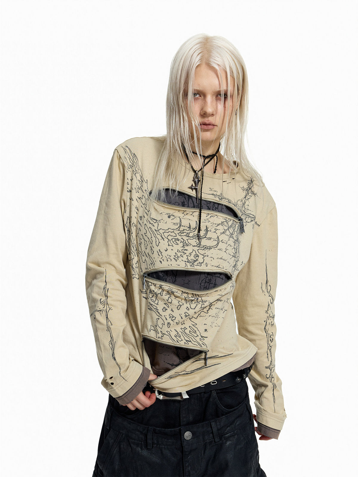 Manuscript Print Zipper Cutout Fake Layered Long Sleeve T-Shirt WN27461