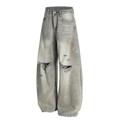 Ink Splash Damage Curved Wide Leg Denim Jeans WN26166