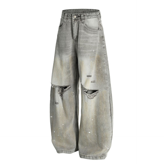 Ink Splash Damage Curved Wide Leg Denim Jeans WN26166
