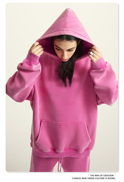 Oversize Fleece Lining Washed Zipper Hoodie & Pullover Hoodie & Pants Setup WN9925
