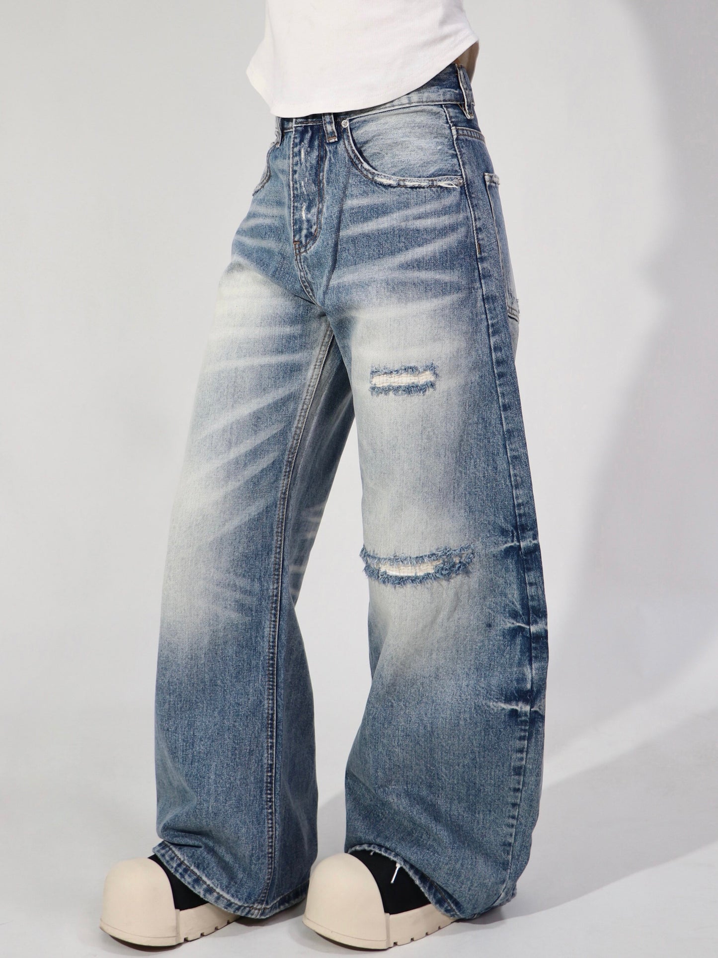 Whisker Washed Gradient Curved Wide Leg Denim Jeans WN24109