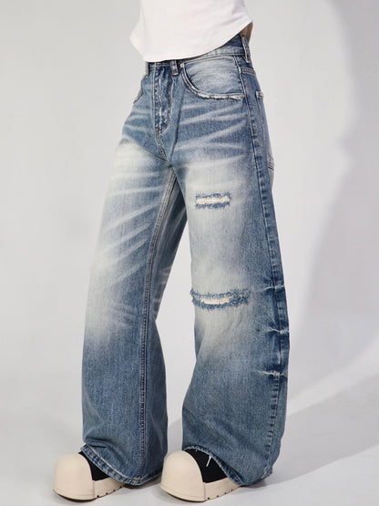 Whisker Washed Gradient Curved Wide Leg Denim Jeans WN24109