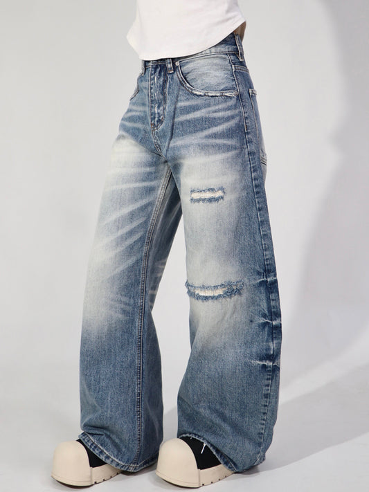 Whisker Washed Gradient Curved Wide Leg Denim Jeans WN24109