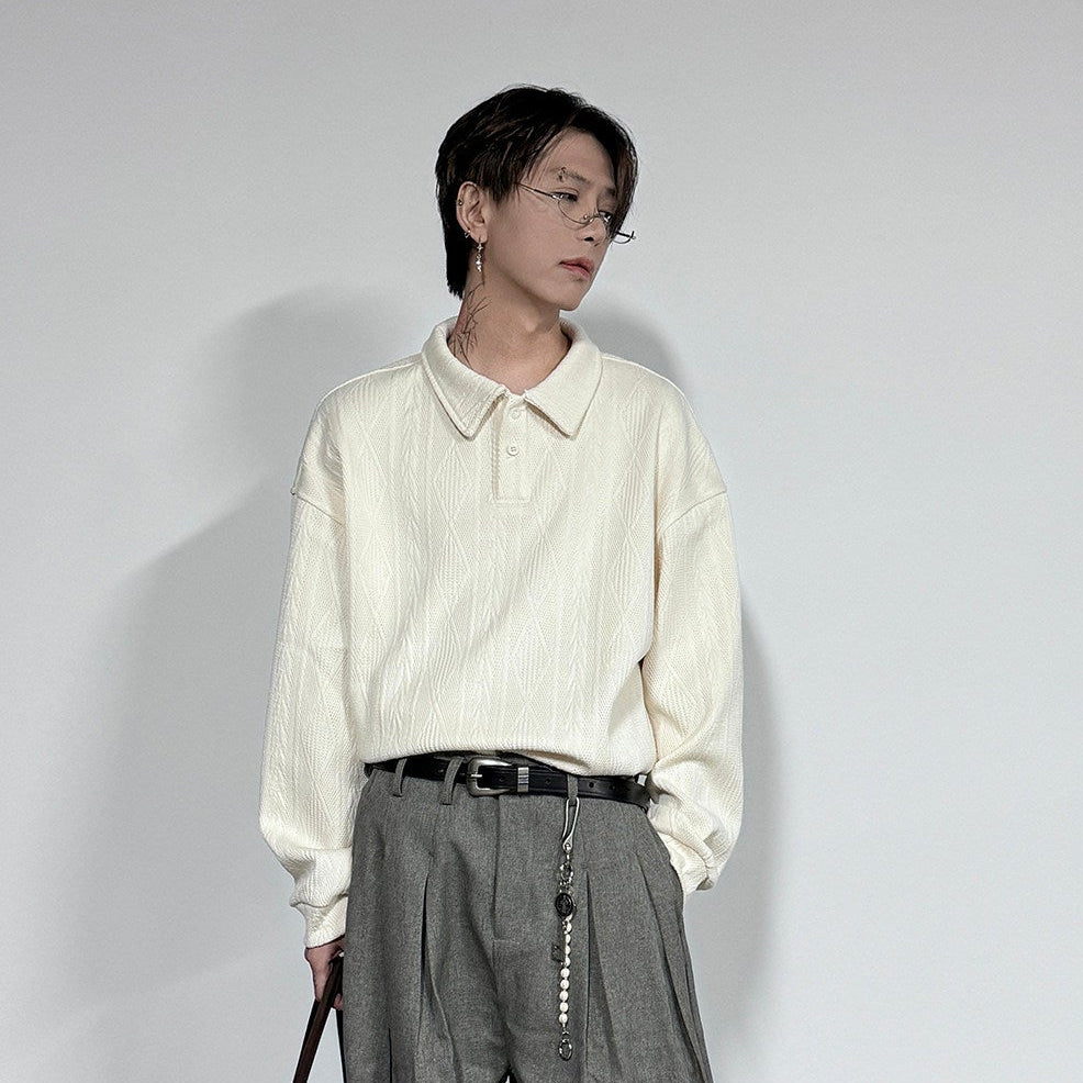 Polo Collar Wheat Jacquard Oversize Long Sleeve T-Shirt WN22939
