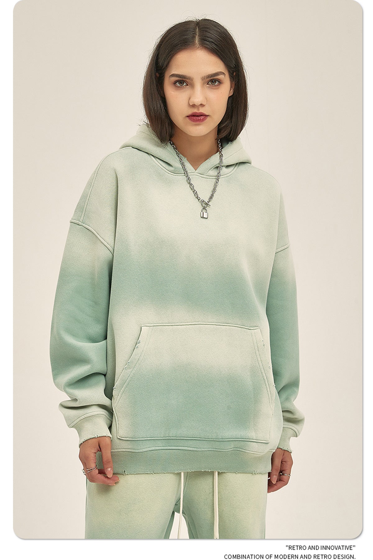 Fleece Lining Spray-dye Damage Oversize Hoodie & Fleece Lining Sweatpants WN9969