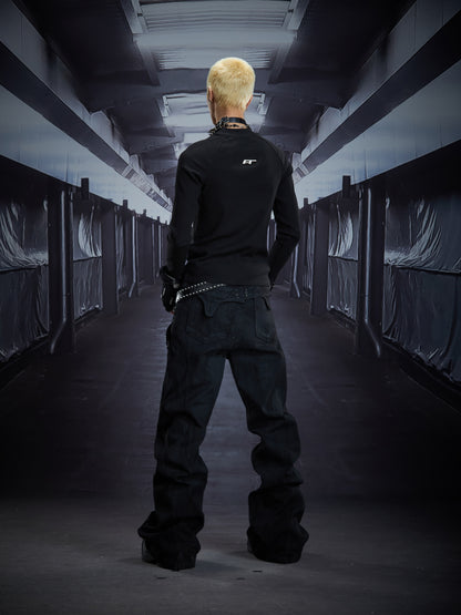 Coated Metal Stud Washed Damage Flare Denim Jeans WN22897