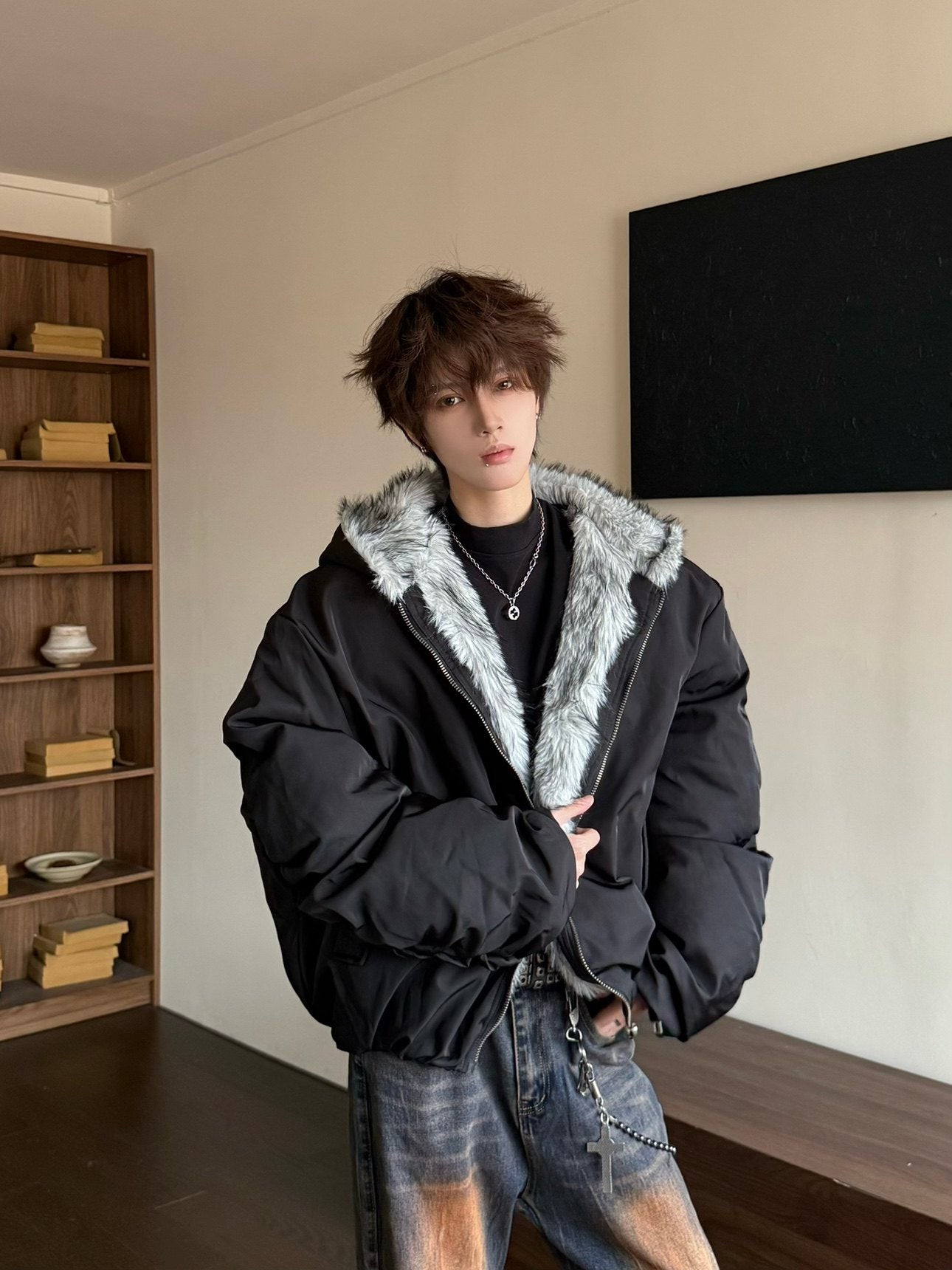 Hooded Fake Fur Collar Oversize Puffer Jacket WN23193