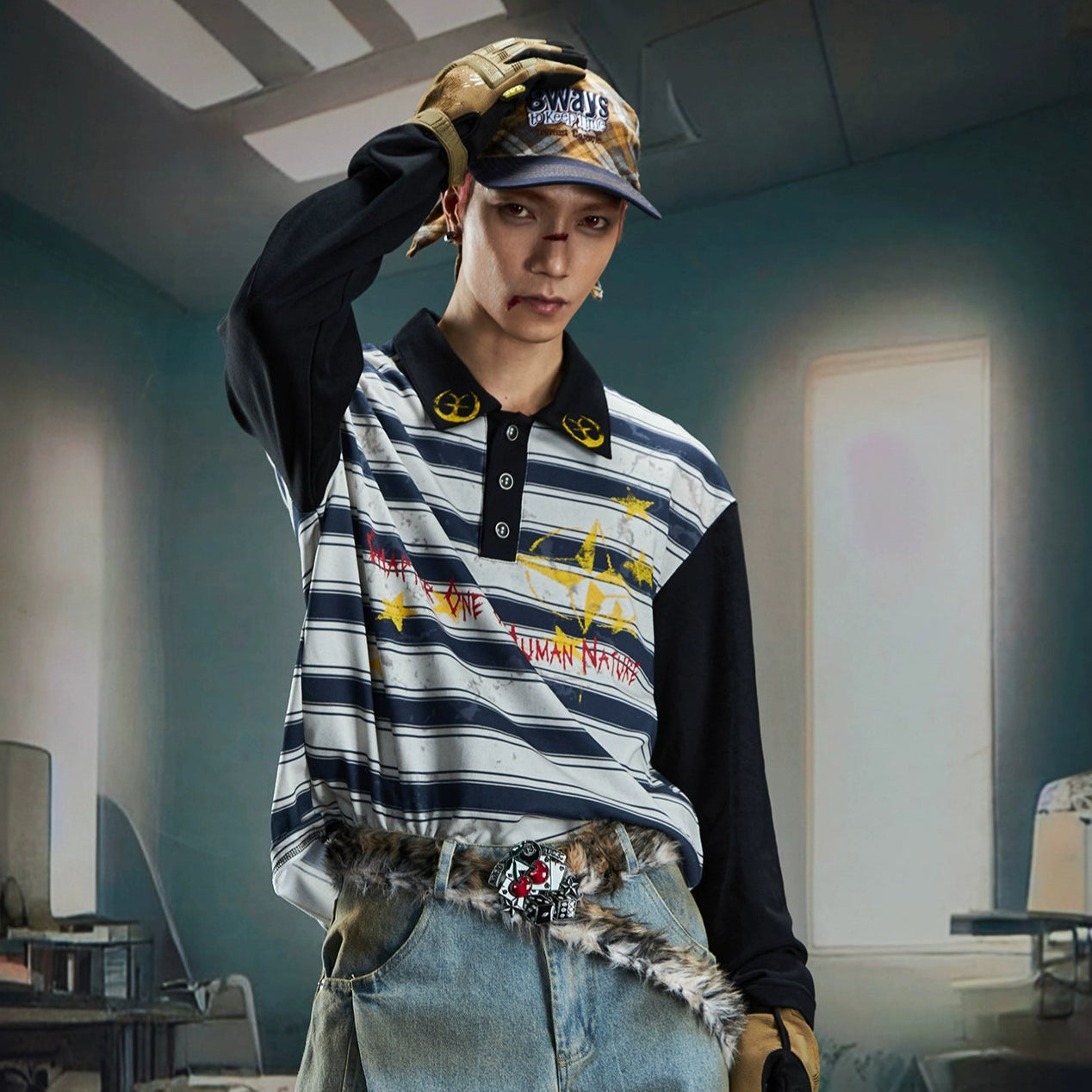 Print Dye Layered Stripe Long Sleeve T-Shirt WN20562