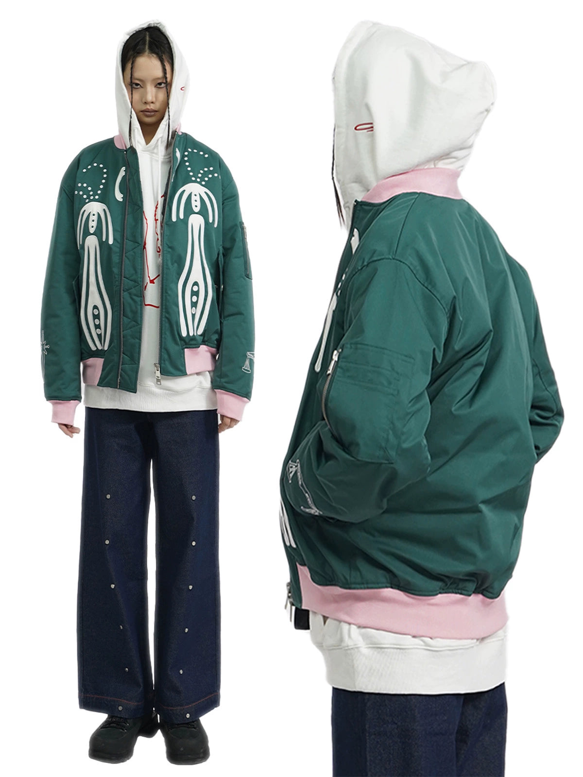 Double Zipper Graphic Design Padded Jacket WN18923