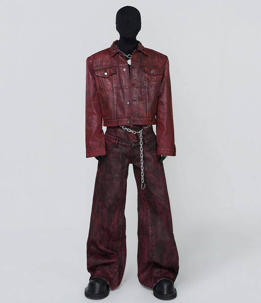 Wax Coated Short Denim Jacket & Wax Coated Wide Leg Denim Jeans Setup WN24305