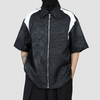Contrast Patchwork Zipper Textured Short Sleeve Shirt WN20146