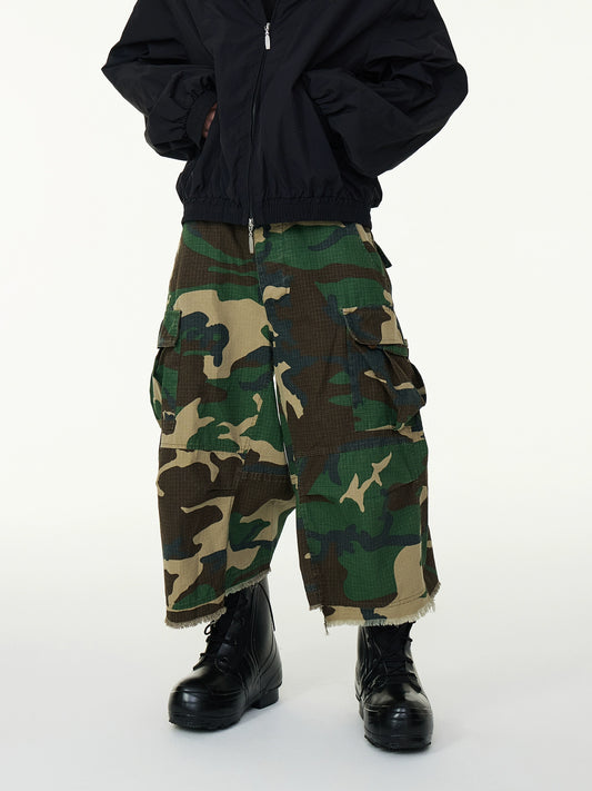 Washed Wrinkle Multi-Pocket Camouflage Cargo Half Pants WN16985