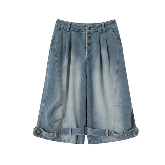 Lace-Up Washed Wide Leg Denim Short Pants WN25611