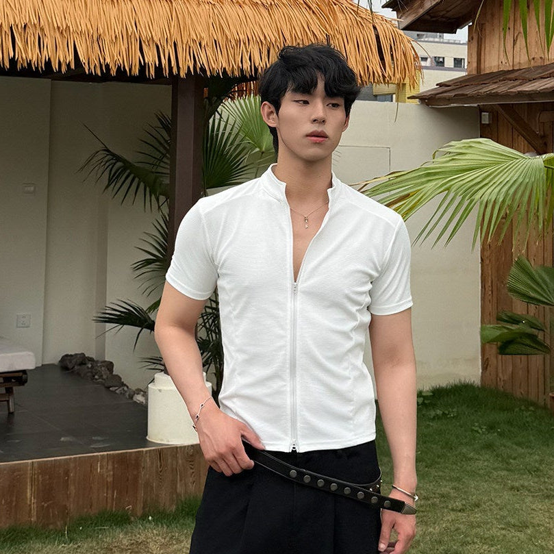 Zipper Collarless Short Sleeve T-Shirt WN24889