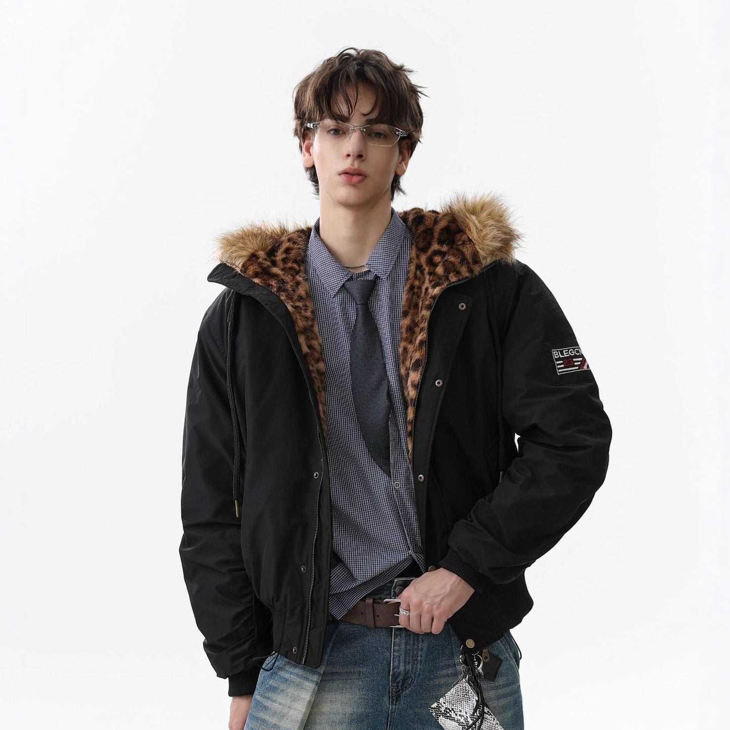 Leopard Print Fake Fur Collar Puffer Jacket WN21871