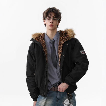 Leopard Print Fake Fur Collar Puffer Jacket WN21871