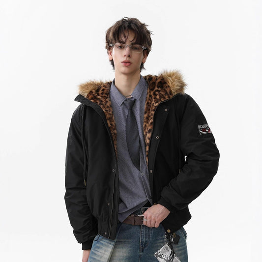 Leopard Print Fake Fur Collar Puffer Jacket WN21871