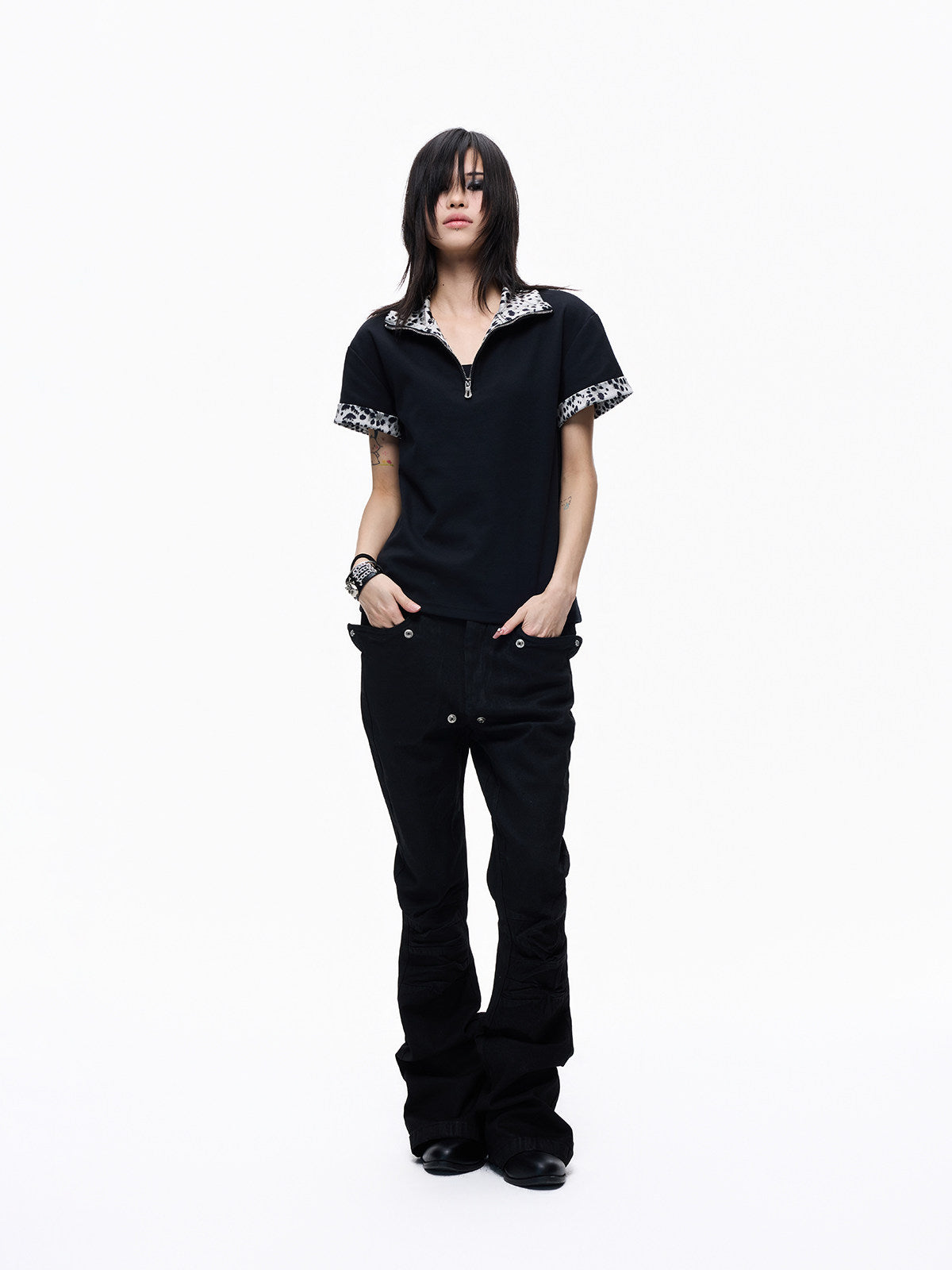Leopard Trim Half-Zip Short Sleeve T-Shirt WN27258