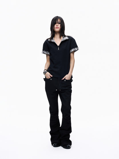Leopard Trim Half-Zip Short Sleeve T-Shirt WN27258
