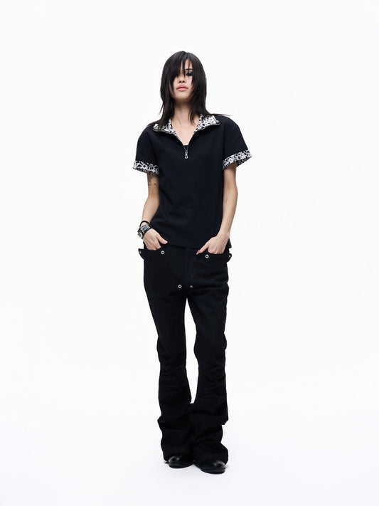 Leopard Trim Half-Zip Short Sleeve T-Shirt WN27258
