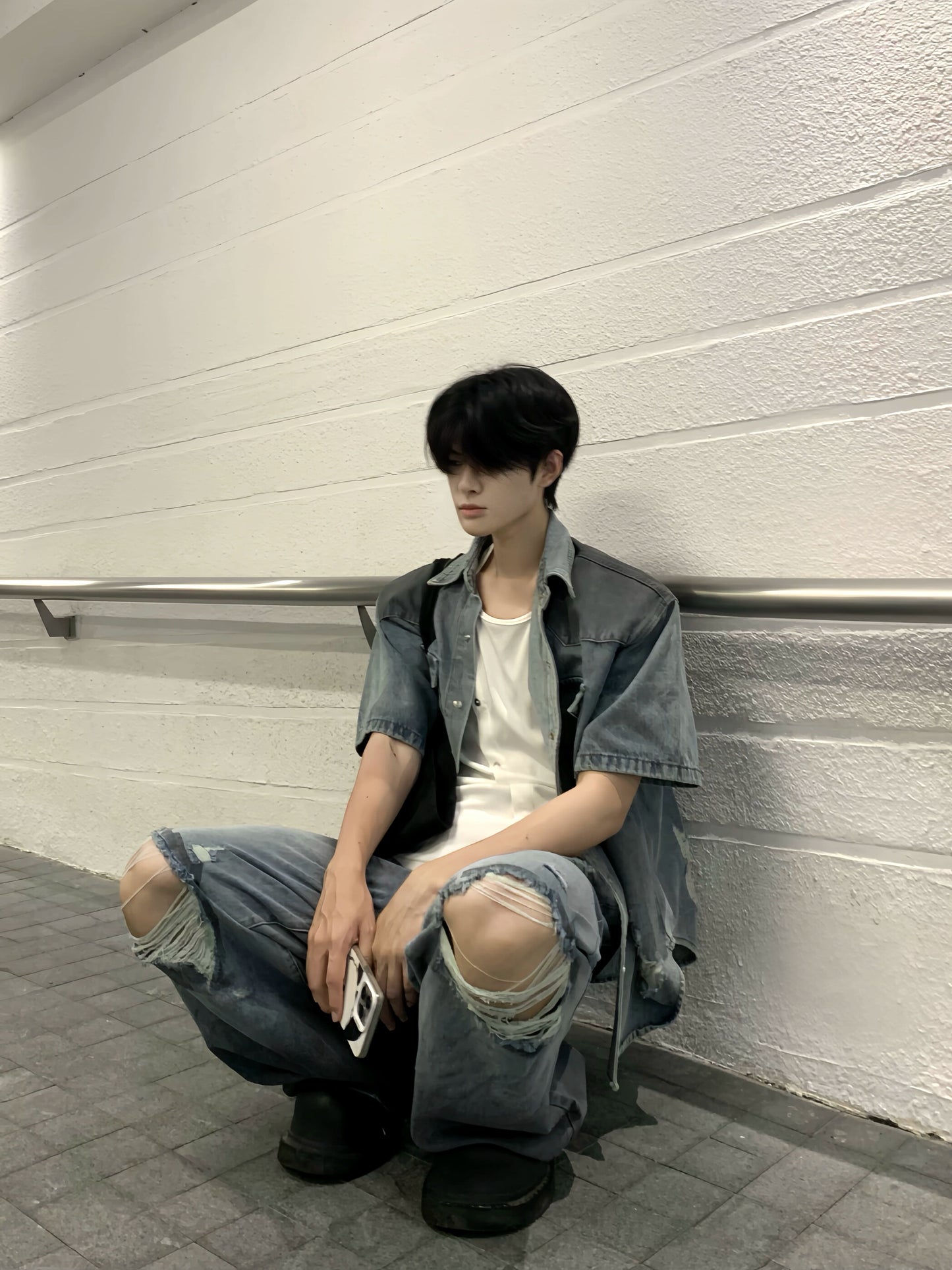 Washed Damage Deconstructed  Denim Jacket &  Damage Wide Leg Denim Jeans Setup WN19814