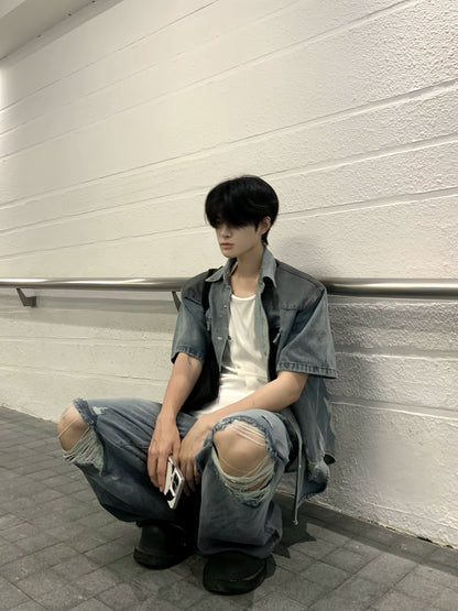 Washed Damage Deconstructed  Denim Jacket &  Damage Wide Leg Denim Jeans Setup WN19814