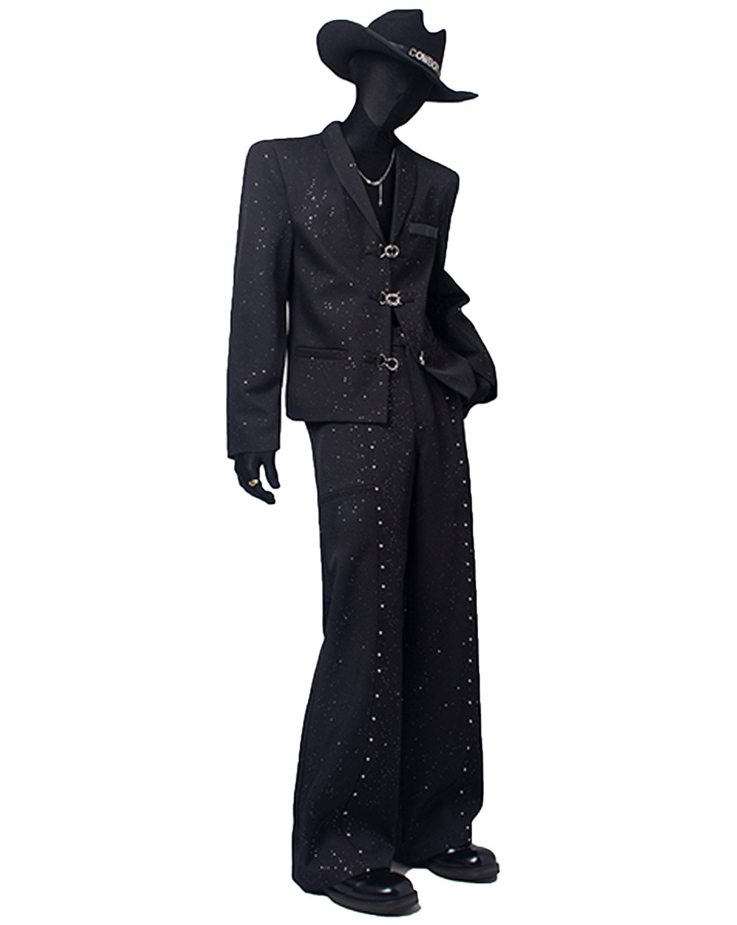 Studs Decor Buckle Short Jacket & Studs Decor Flare Trousers Setup WN23667