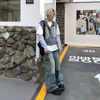 Washed Patchwork Hooded Denim Vest & Cargo Denim Jeans Setup WN19774