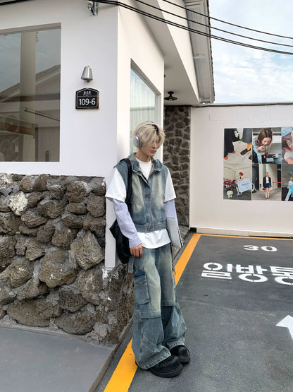 Washed Patchwork Hooded Denim Vest & Cargo Denim Jeans Setup WN19774