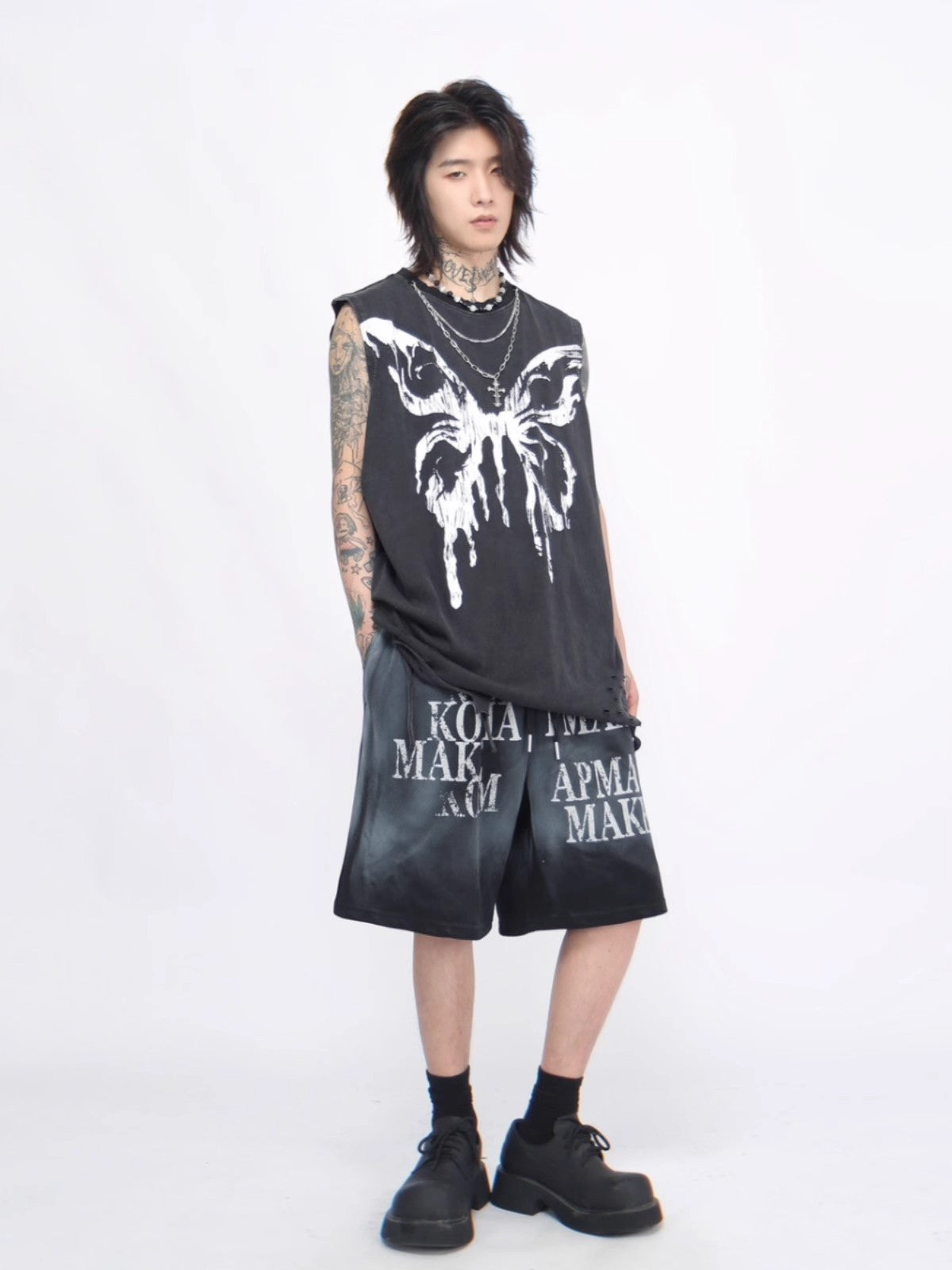 Butterfly Print Washed Oversize Sleeveless T-shirt WN6564