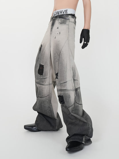 With Tide Belt Heavy Damage Wash Curved Wide Leg Denim Jeans WN24144