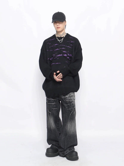 Damage Hollow-Out Oversize Knit Sweater WN10894