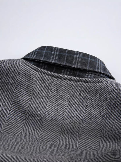 Fake Layered Herringbone Patchwork Plaid Collar Jacket WN27900