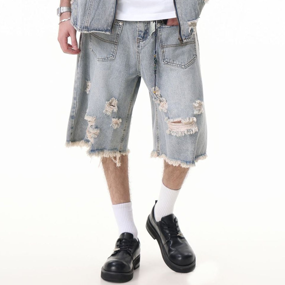 Washed Damage Wide Leg Denim Short Pants WN25596