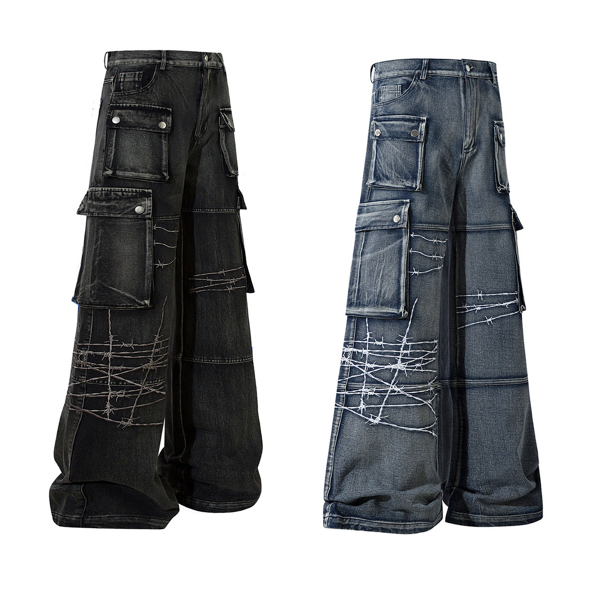 Cargo Pocket Embroidery Wide Leg Denim Jeans WN25718