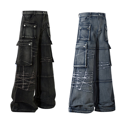 Cargo Pocket Embroidery Wide Leg Denim Jeans WN25718
