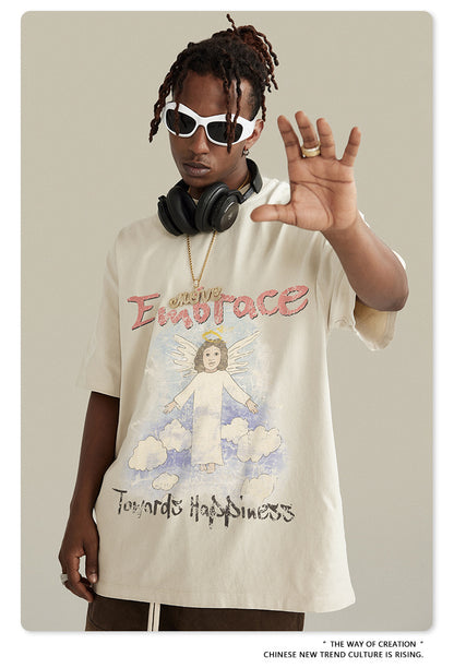Oversize Angel Print Round Neck Short Sleeve T-Shirt WN7893