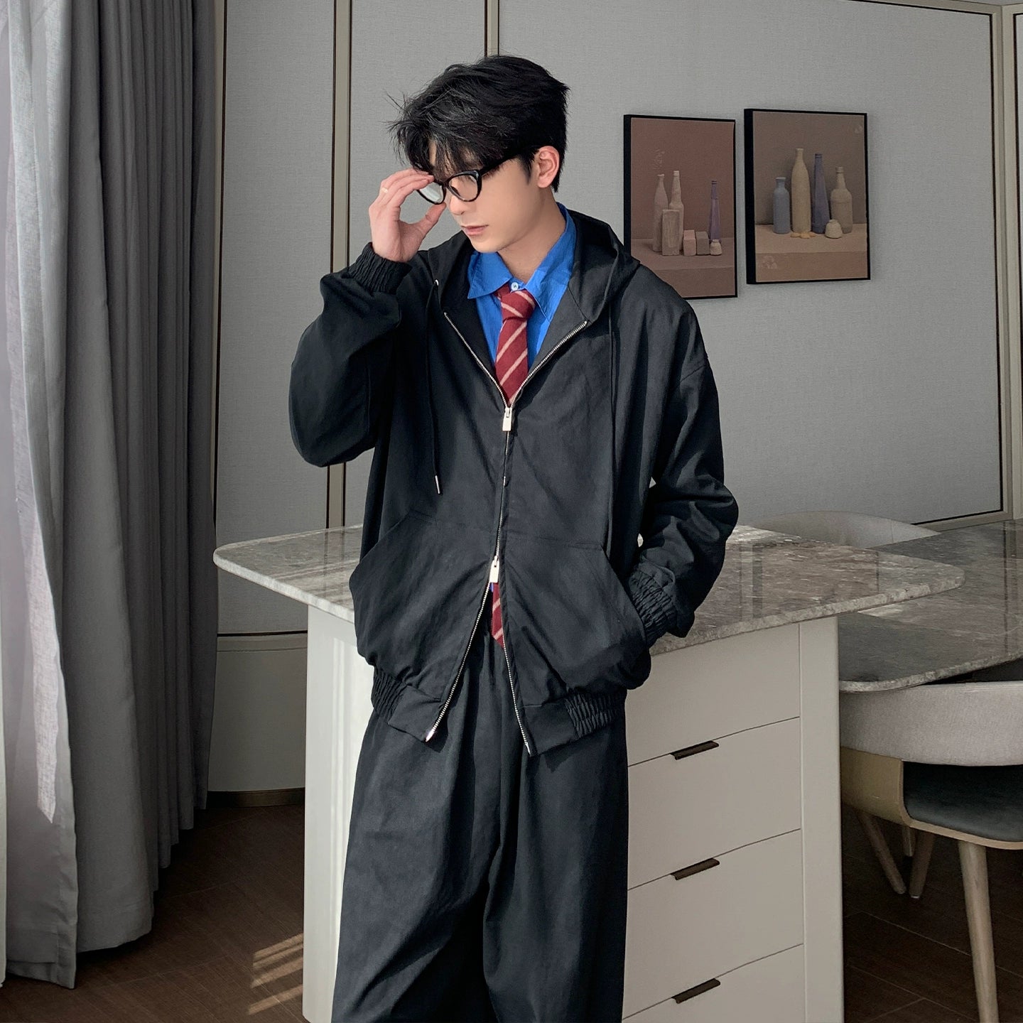 Hooded Zipper Jacket & Wide Leg Pants Setup WN20490