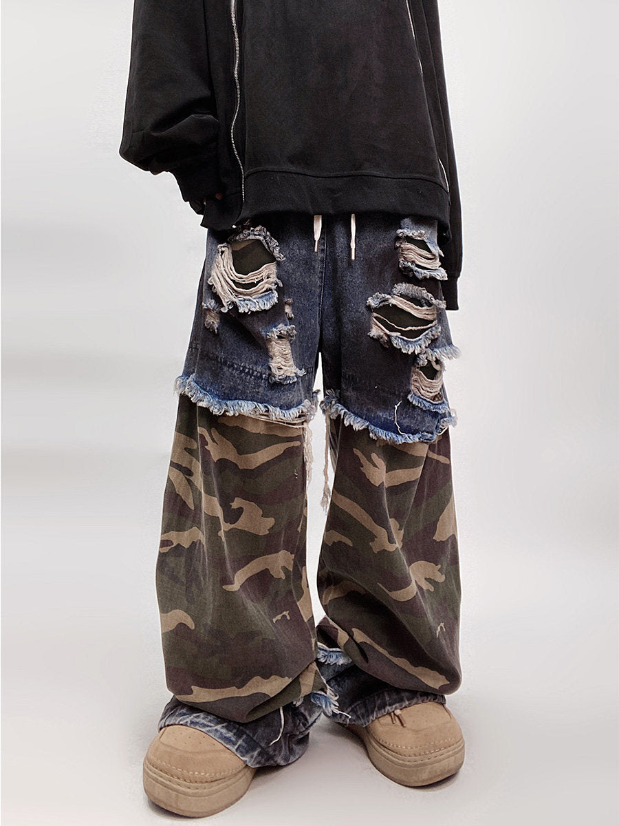 Camouflage Ripped Wide Leg Denim Jeans WN23993