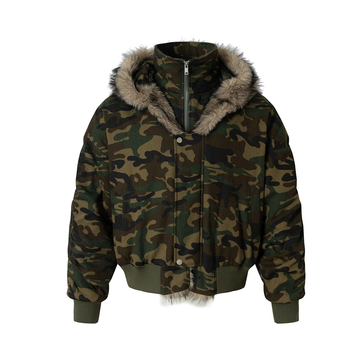 Fake Fur Collar Camouflage Fake Layered Puffer Jacket WN21898