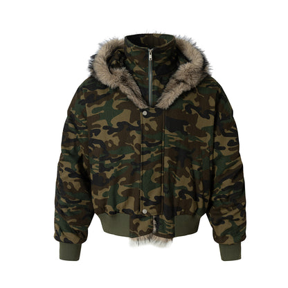 Fake Fur Collar Camouflage Fake Layered Puffer Jacket WN21898